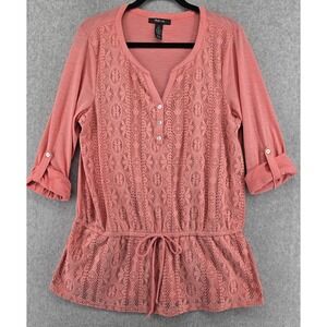 Style & Co Salmon Lace Overlay Tunic Top Sz L 3/4 Roll Up Cinch Waist Peasant
